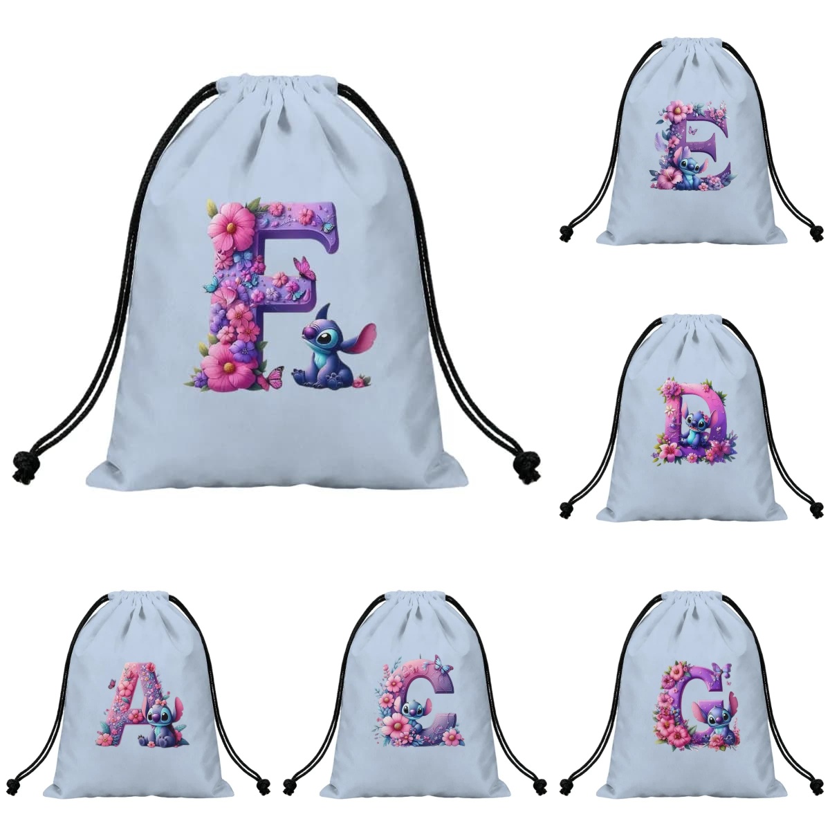 Drawstring Gym Bag - กระเป๋าเป้สะพายหลังแบบมีเชือกผูก ลายการ์ตูนสติทช์ ตัวอักษร A-Z และลายดอกไม้ สำหรับเก็บของพกพา