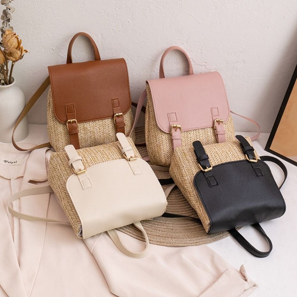 Leather Backpack Vintage - กระเป๋าเป้สะพายหลังหนัง PU ลายฟาง ดีไซน์ย้อนยุค สวยหรู กระเป๋าสะพายไหล่